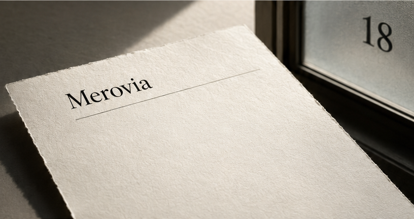 Merovia printed on tactile letterhead beside frosted glass